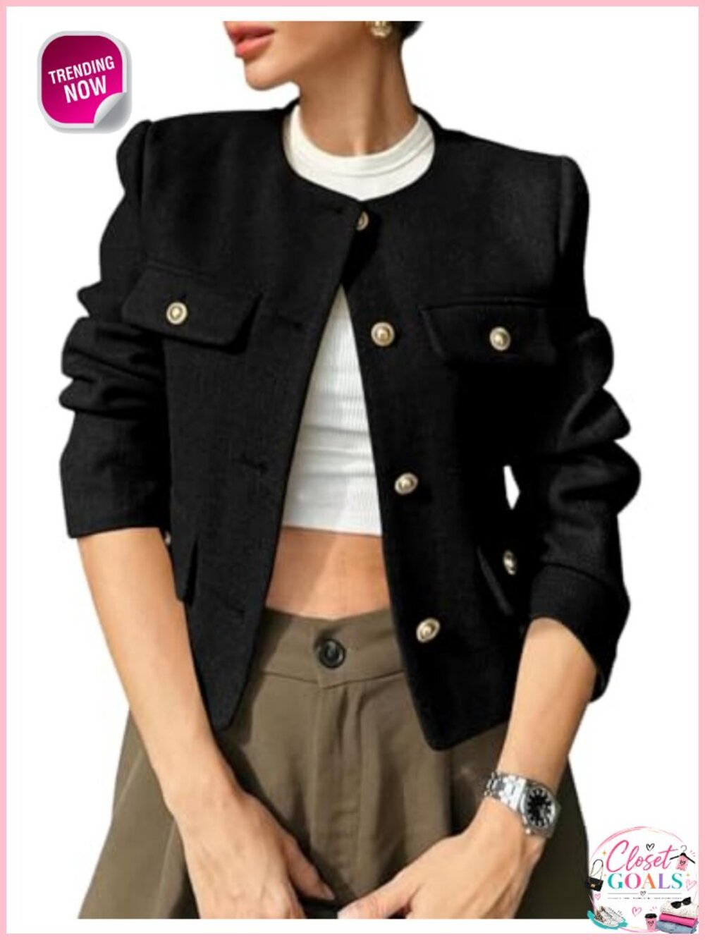 Women's Cropped Tweed Blazer Collarless Button Down Jacket - Picture 1 of 6